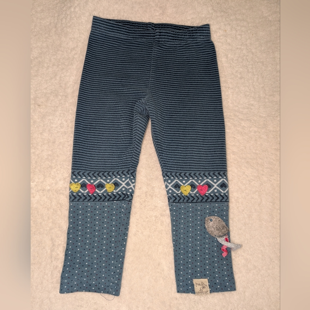 🩷 Naartjie Blue Polka Dot Striped Leggings - Felt Heart Accents Toddlers 18-24